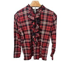 Lauren Ralph Lauren Petite Red Plaid Ruffle Front Long Sleeve Cotton Top PM
